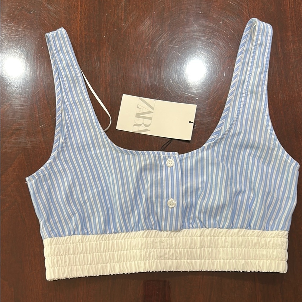 Zara Blue and White Smocked Crop Tank Top